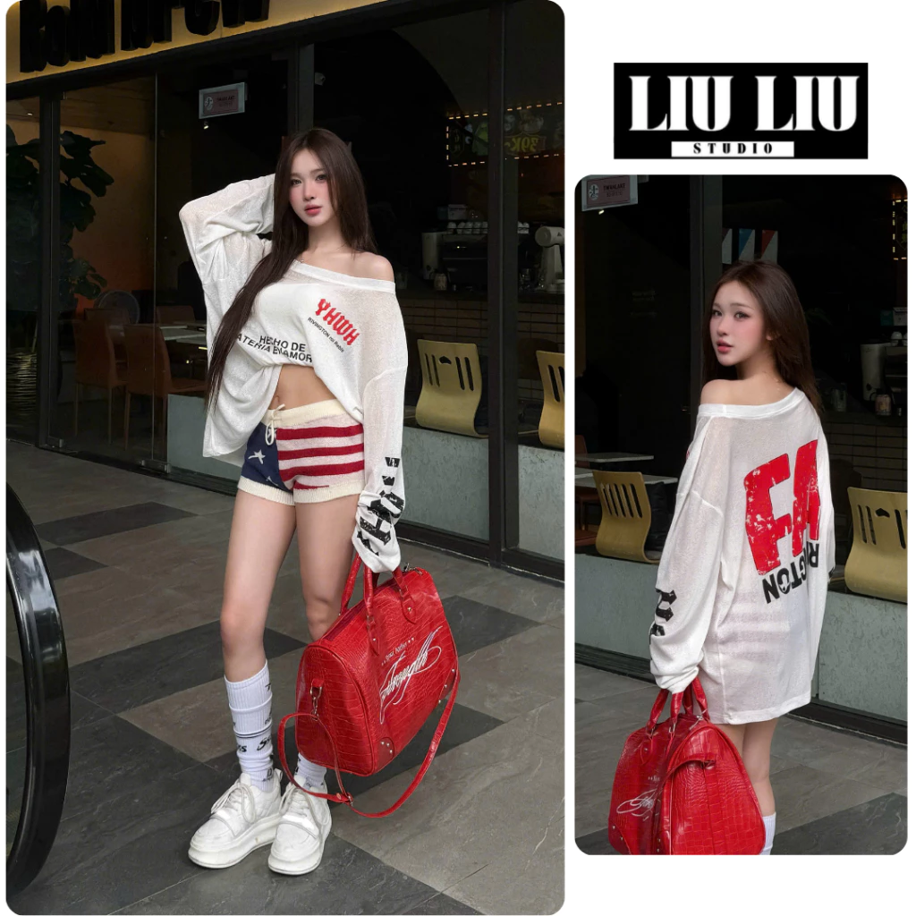 Áo thun giấy LIULIU STUDIO L48 cổ lệch vai tay dài form oversize unisex in graphic streetwear trắng cá tính y2k