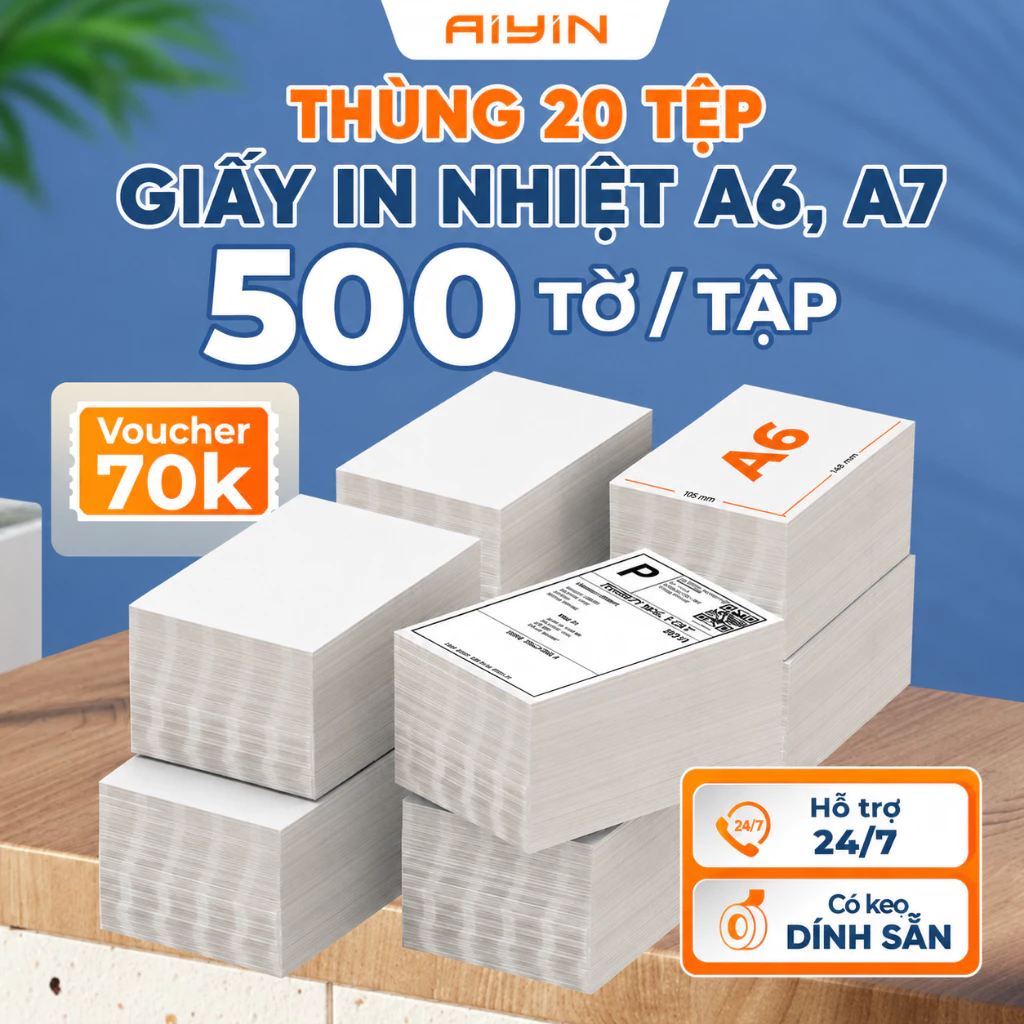 Thùng 20 Tệp Giấy In Nhiệt A6, A7, Giấy In Đơn Hàng Sẵn Keo Dán, Giấy In Đơn TMĐT, Mã Vận Đơn, Giấy In Nhiệt Chống Thấm