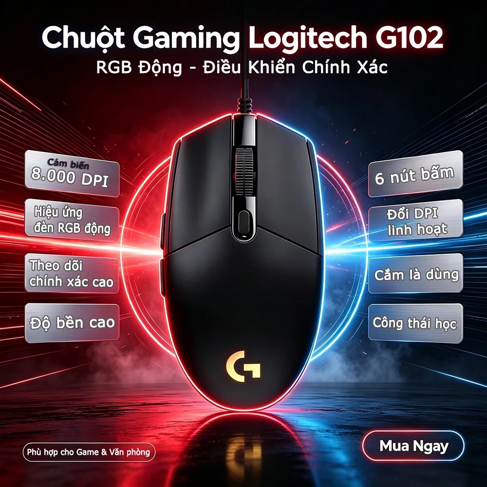 Chuột 𝙇𝙤𝙜𝙞𝙩𝙚𝙘𝙝 G102  chơi game có dây, chuột Laptop PC 8000 DPI có Led RGB BH 12háng