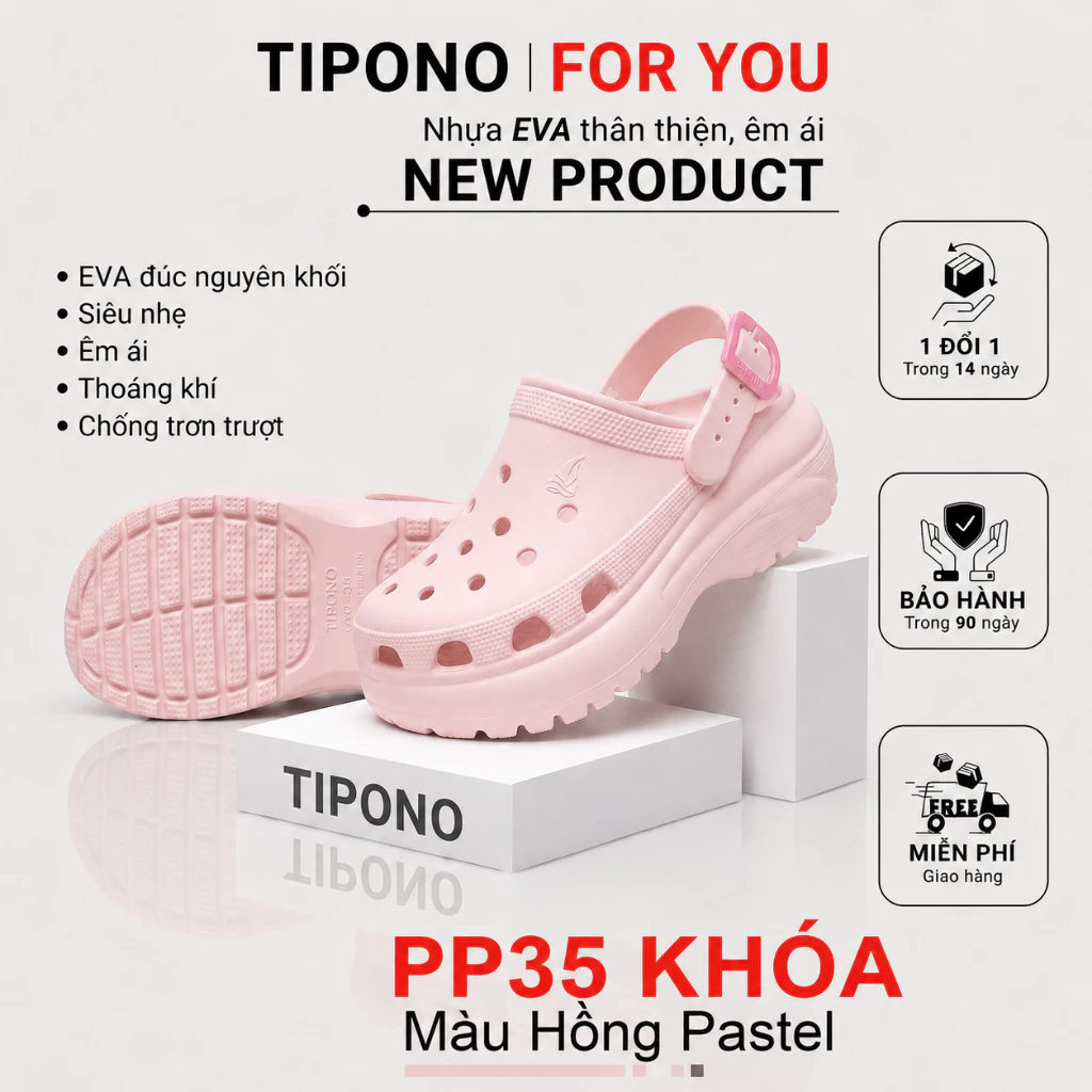 TIPONO PP35 BUCKLE CLOGS Dép Nữ Đế Cao 6-7cm Nhựa EVA Khóa Cài Chống Trượt Đúc Siêu Nhẹ Hack Dáng