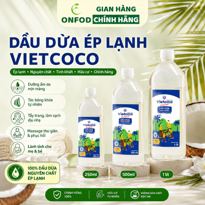Dầu dừa ép lạnh Vietcoco nguyên chất 100% ONFOD nấu ăn dưỡng da dưỡng tóc mát xa em bé mẹ bầu