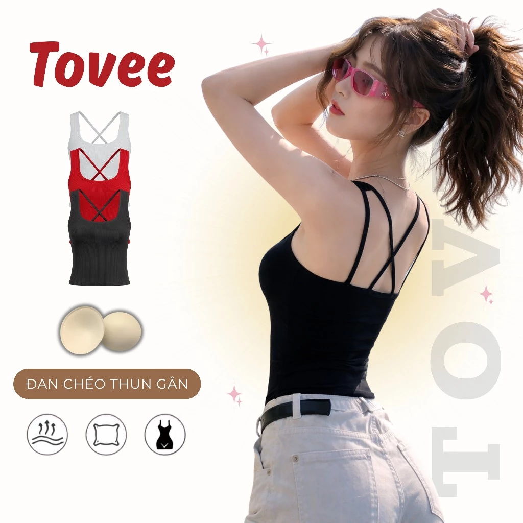 Áo Thun BA LỖ DÂY ĐAN CHÉO LƯNG Có Mút Ngực DD03, Áo Thun Nữ Hở lưng Chất Thun Gân TOVEE