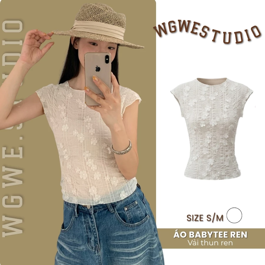 WGWE Áo Baby Tee Nữ Phối Ren Đính Hoa - Áo Thun Ôm Dáng Ngắn Tay Y2K Hàn Quốc 10579