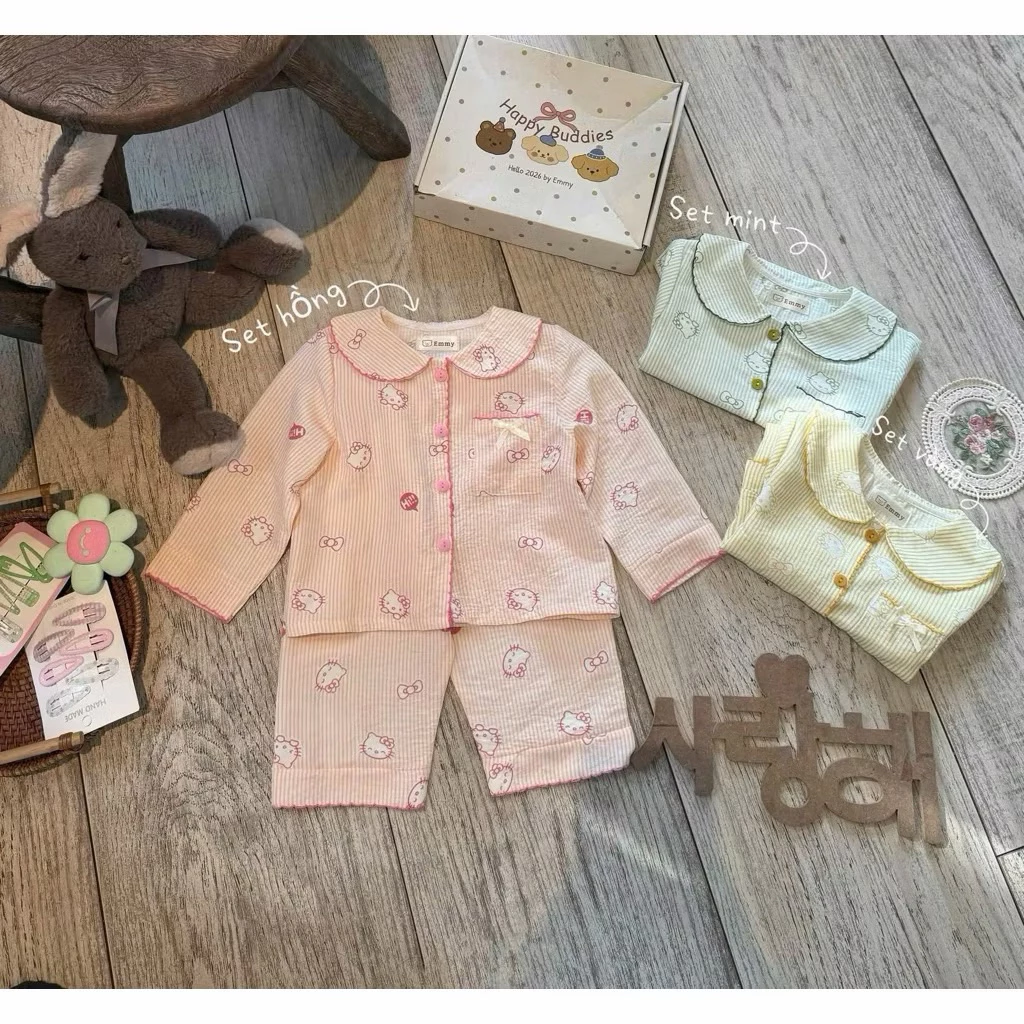 H72 - Bộ pijama kẻ hoạ tiết kitty chất liệu mềm mại cho bé yêu diện đi chơi, đi học, mặc ở nhà