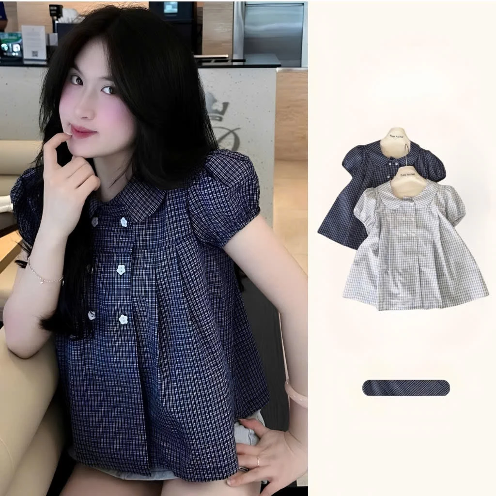 Áo sơ mi kiểu KORI TOP CỔ SEN tay bồng vải caro by Bun222