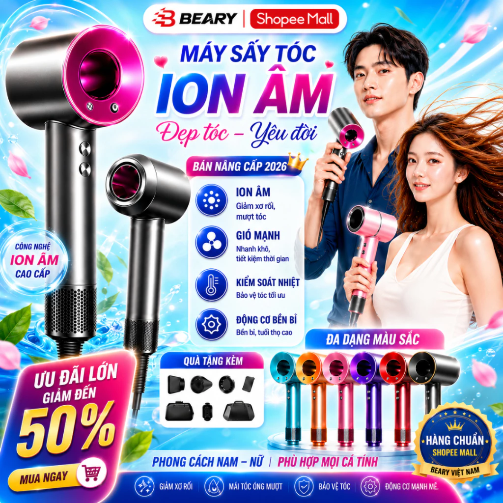 Máy Sấy Tóc Ion Âm 5in1 METIS Không Cánh Quạt 3 Tốc Độ Công Suất Lớn 2 Chiều Tặng Kèm Đầu Sấy