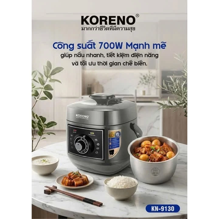 Nồi áp suất điện đa năng KN9130 KORENO 3-6l , lòng nồi inox 304 đúc liền khối-bảo hành 12 tháng