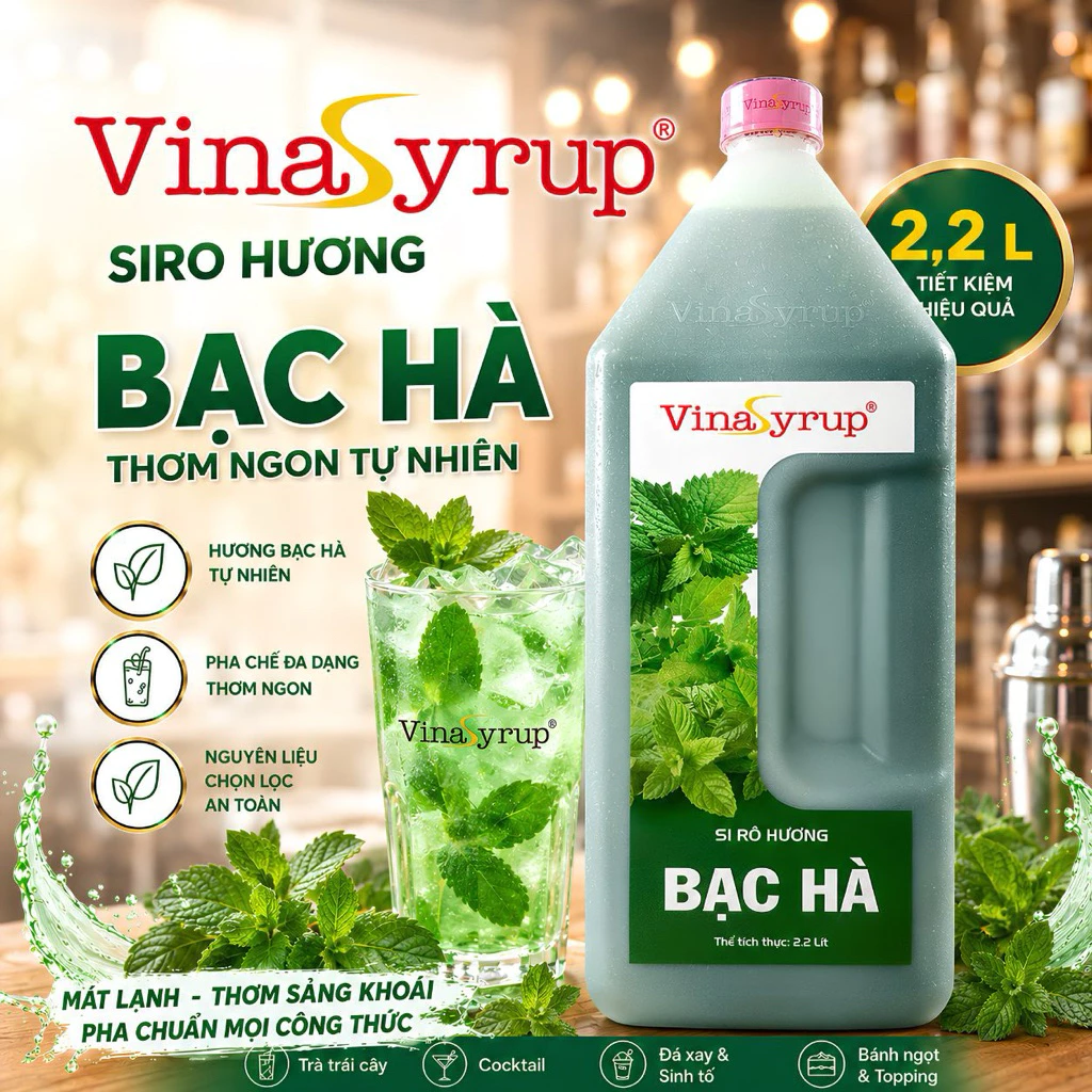 [Siro Can 2,2 Lít] VinaSyrup Bạc Hà – Syrup Pha Chế Trà Sữa, Đá Xay, Trà Trái Cây, Mojito