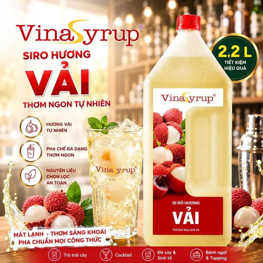 [Siro Can 2,2 Lít] VinaSyrup Vải – Syrup Pha Chế Trà Sữa, Trà Trái Cây, Mojito, Đá Xay,...