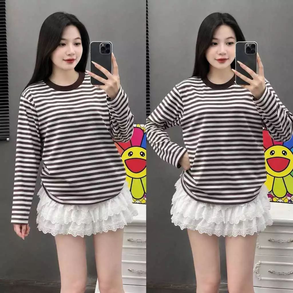 Combo 2 áo babytee kẻ dài tay, chất cotton borrip mềm mại co giãn 4 chiều ,áo babytee nữ dài tay mặc mát 4 mùa