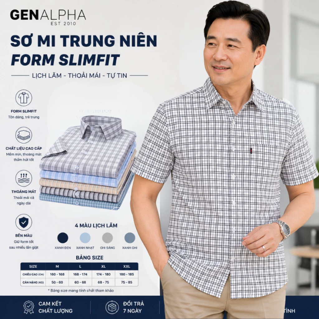 Áo Sơ Mi Nam Trung Niên Caro Tay Ngắn GENALPHA Form Rộng Vải Lụa Thái Co Giãn Có Túi Mềm Mịn GEN559
