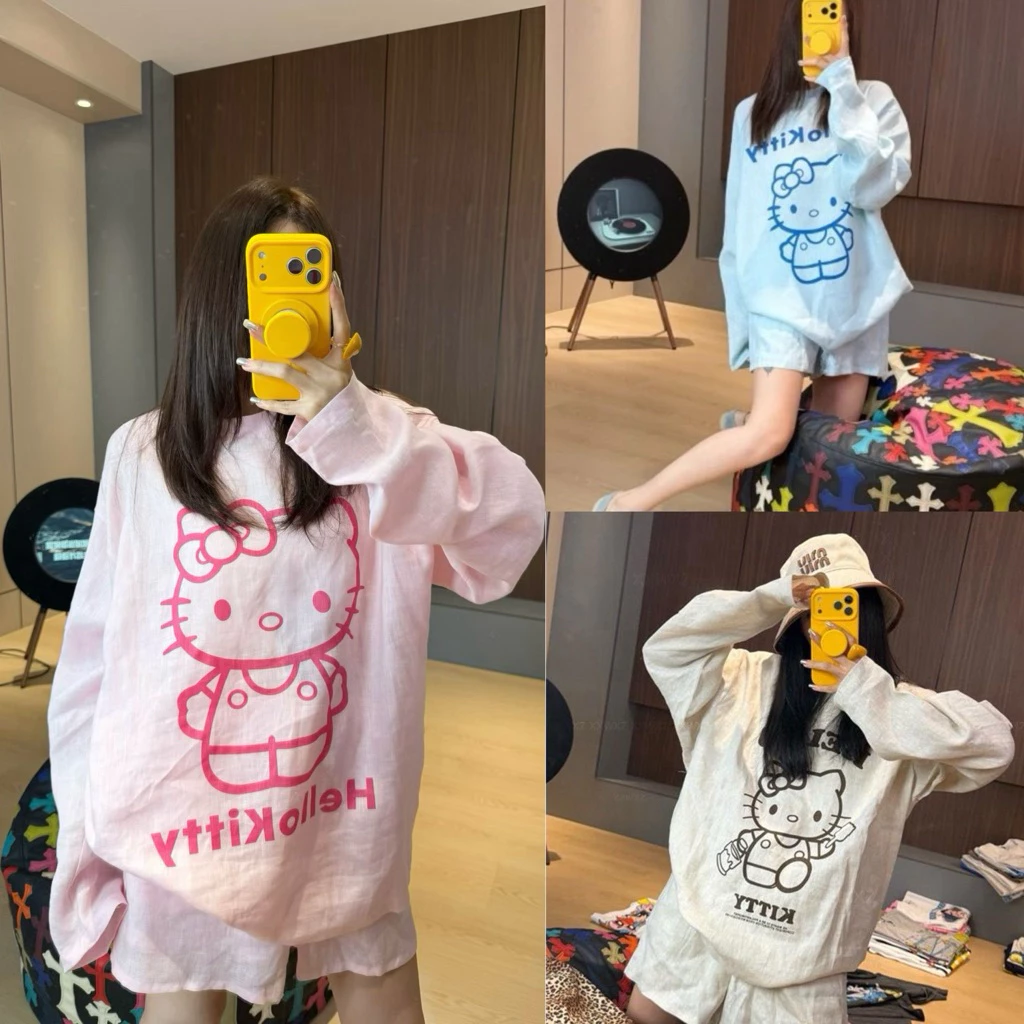 𝐂𝐡𝐚𝐫𝐥𝐨𝐭𝐭𝐞.𝐨𝐝_ Bộ Đồ Cotton Áo Dài + Quần Đùi Hoạ Tiết Hello Kitty Cực Xinh Thoải Mái Mặc Nhà Và Ra Ngoài Hàng QCL1