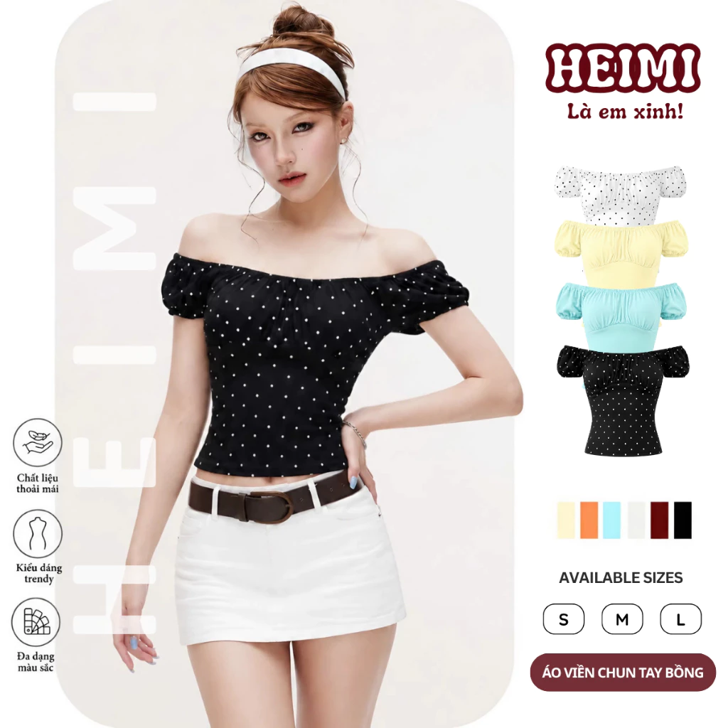 Áo Thun Nữ Tay Bồng Viền Chun Nhún Ngực Nhẹ Nhàng Nữ Tính Chất Thun Cotton Co Giãn HEIMI