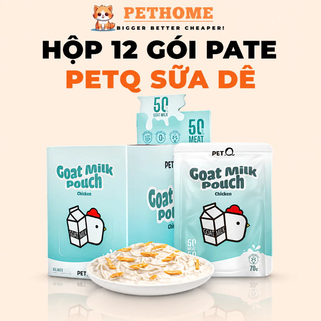 [Hộp 12 Gói] Pate Sữa Dê PetQ Cho Mèo 70g, 50% Thịt - 50% Sữa Dê, Bổ Sung Nước Cho Mèo Mọi Lứa Tuổi