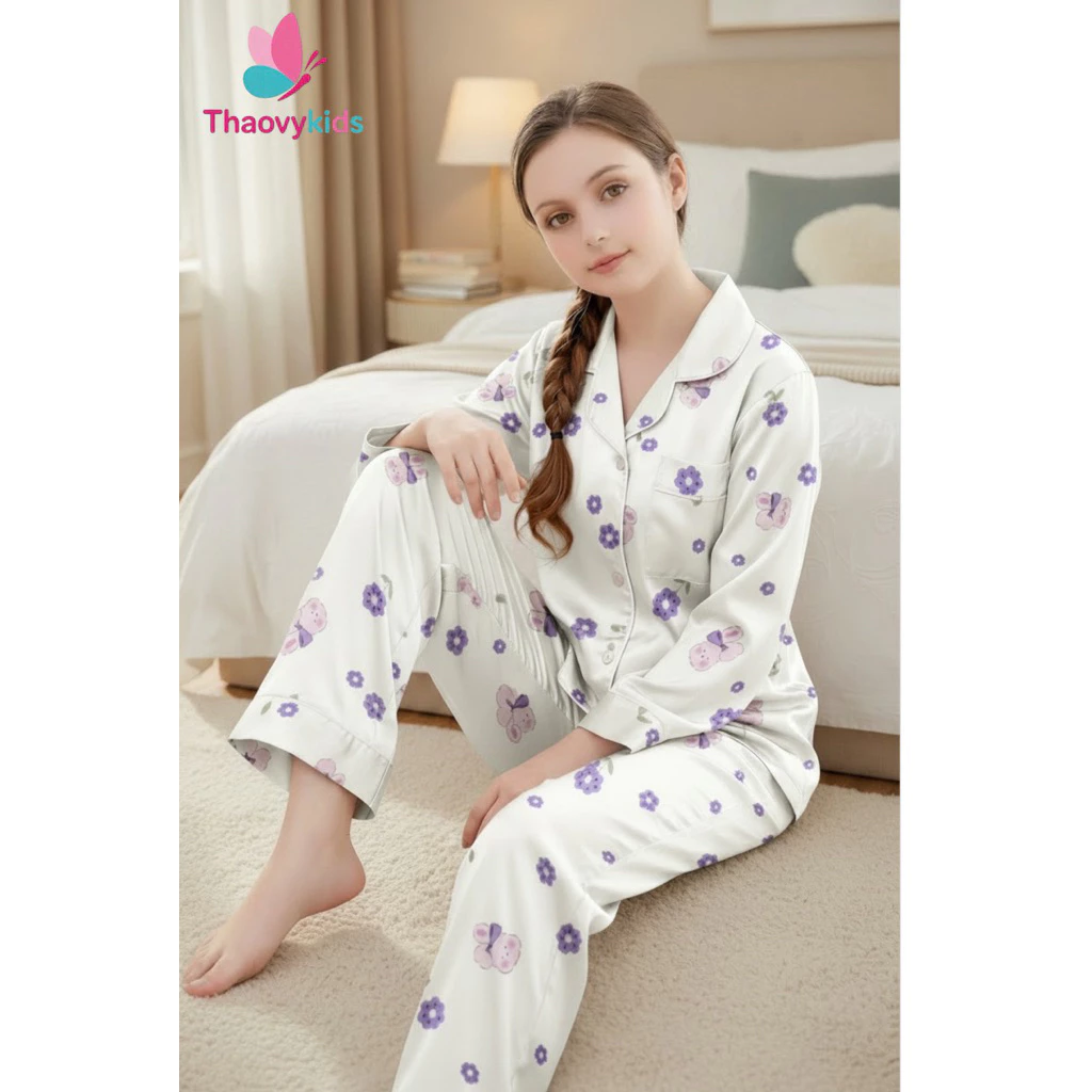 Bộ đồ ngủ bé gái vải Latin tay dài quần dài hình đáng yêu – pijama mùa hè mát lạnh cho bé từ 10–60kg