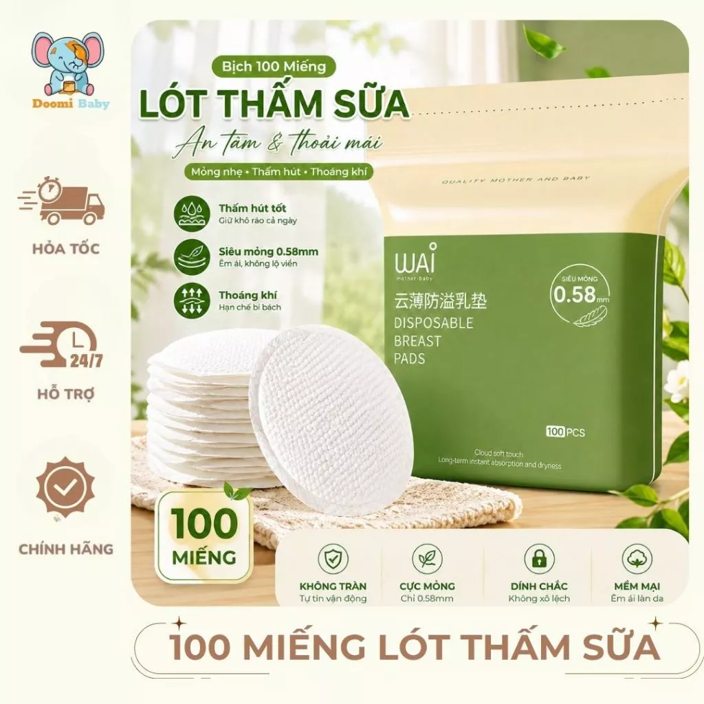 Bịch 100 Miếng Lót Thấm Sữa Cho Mẹ, Mỏng 0.58mm Chất Liệu Thấm Hút Tốt Thoáng Khí - Doomi Baby - HT755 - HT844