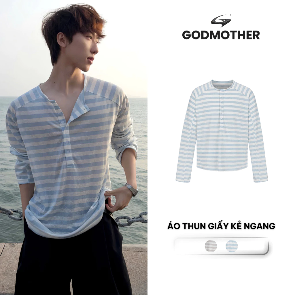 Áo Thun Giấy Dài Tay Cổ Henley GODMOTHER Kẻ Sọc Ngang Form Suông Mỏng Nhẹ Thoáng Mát