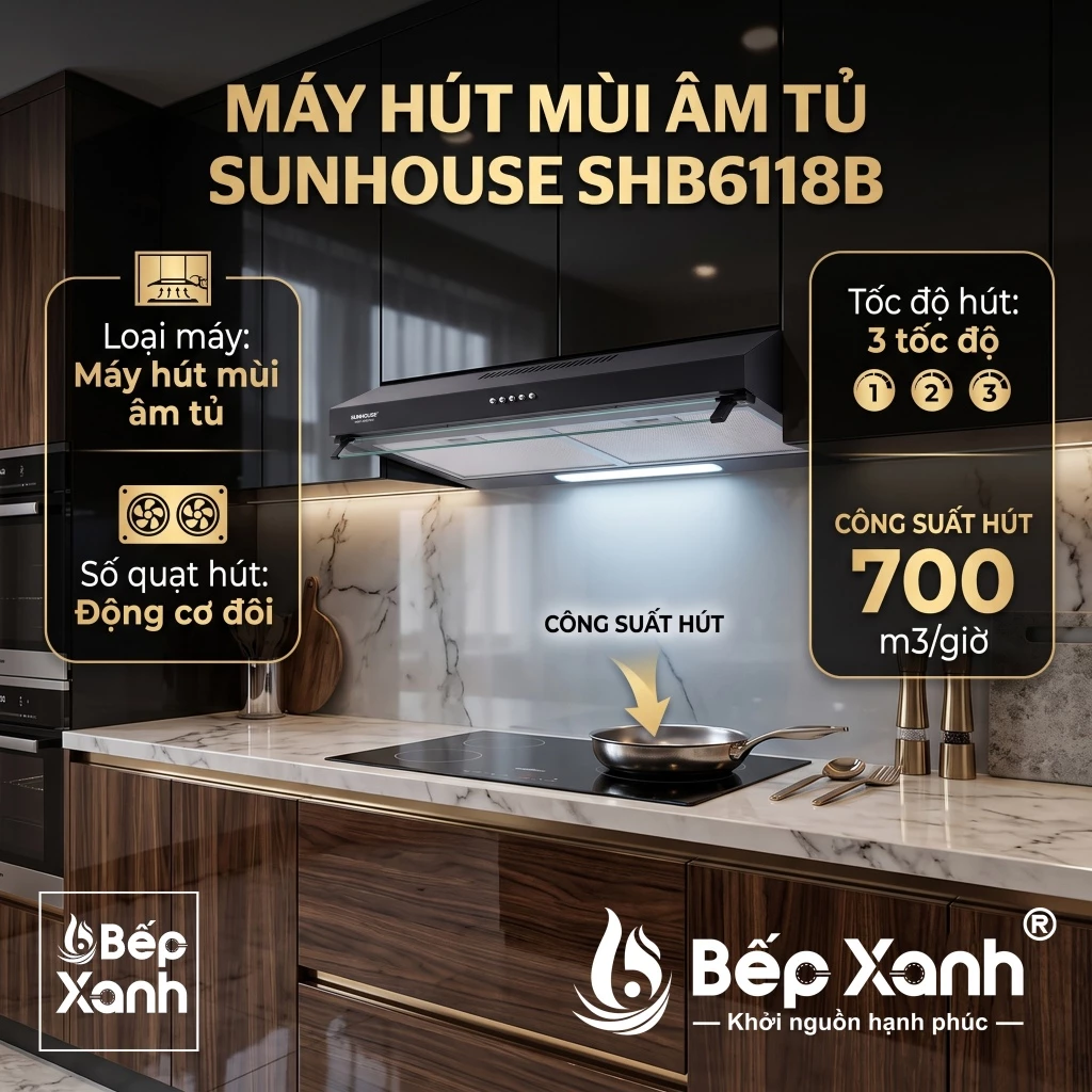 New 2026 - Máy Hút Mùi Sunhouse SHB6118B Kính Đen - Hút Siêu Khỏe, Chạy Siêu Êm, Khử Mùi Bếp Chung Cư