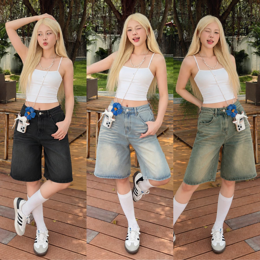 [MỞ BÁN]Quần Jean Short Lửng Unisex Màu Retro Xanh Nhạt RINAA Cho Nữ, Quần Ngố Jeans Form Rộng Suông