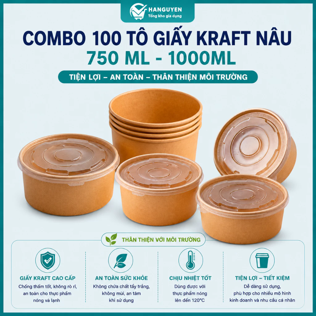 Combo 100 tô giấy Kraft nâu 750ml–1000ml nắp PP mờ chắc chắn, đựng thực phẩm nóng sạch sẽ tiện dụng