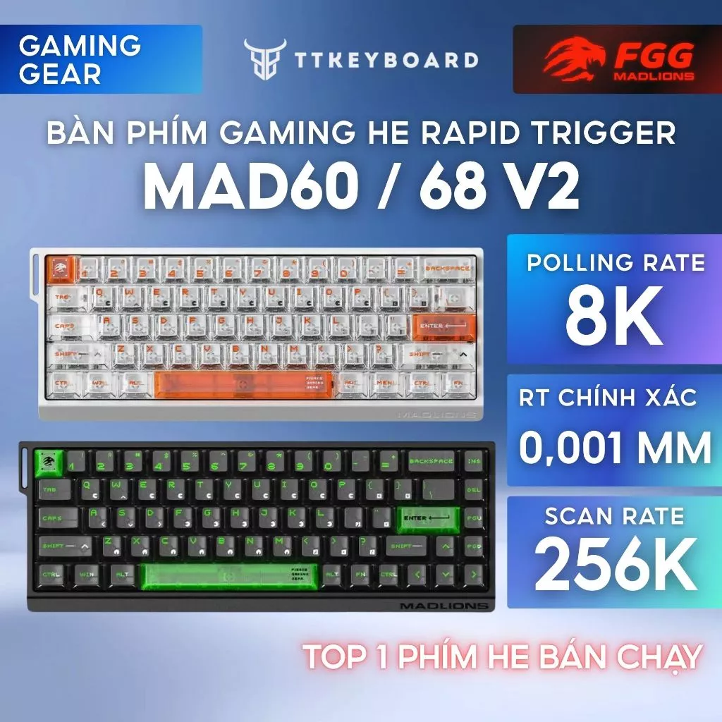 [Hỏa Tốc] Bàn Phím Cơ Gaming Mad60 Mad68 V2 He RT 0.001mm Rapid Trigger 8000hz Trục Từ Led Đôi