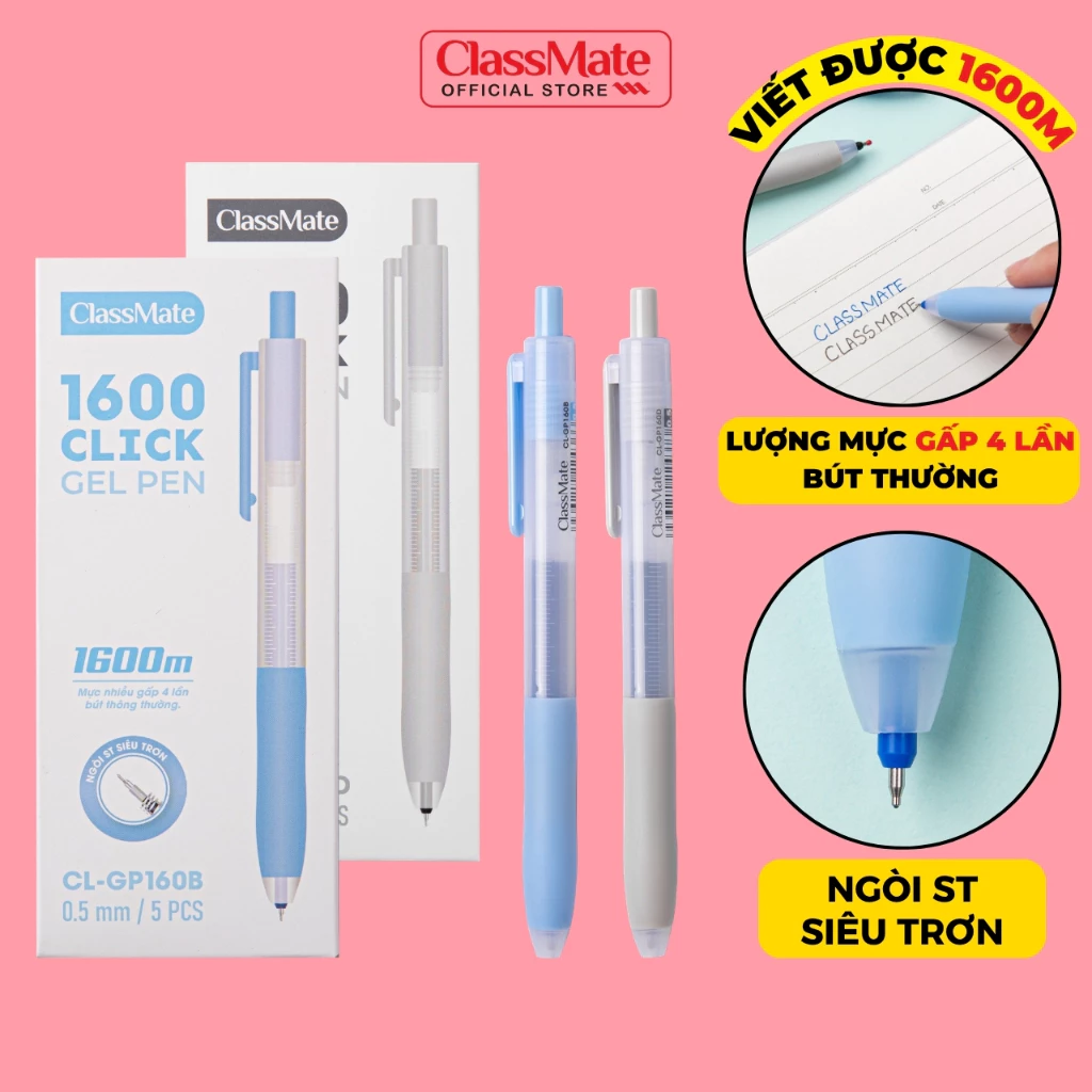 Bút Gel Bấm ClassMate Bút Viết 1600M, Bút Viết Siêu Lâu Siêu Mượt, Đệm Silicon Đúc Liền Thân Êm Tay Lâu Mỏi, 0.5MM GP160