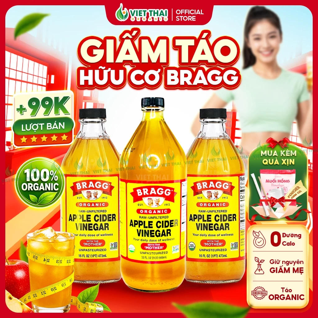 Giấm Táo Hữu Cơ Giảm Cân Bragg Chính Hãng Mỹ - Dấm Táo 100% Organic Lên Men Tự Nhiên Có Giấm Cái