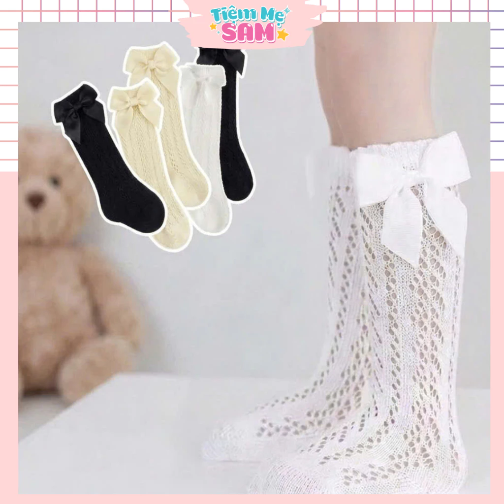 Tất gối đính nơ cho bé 1th-3 tuổi phong cách Hàn Quốc chất lưới len thoáng khí (LUOI06)