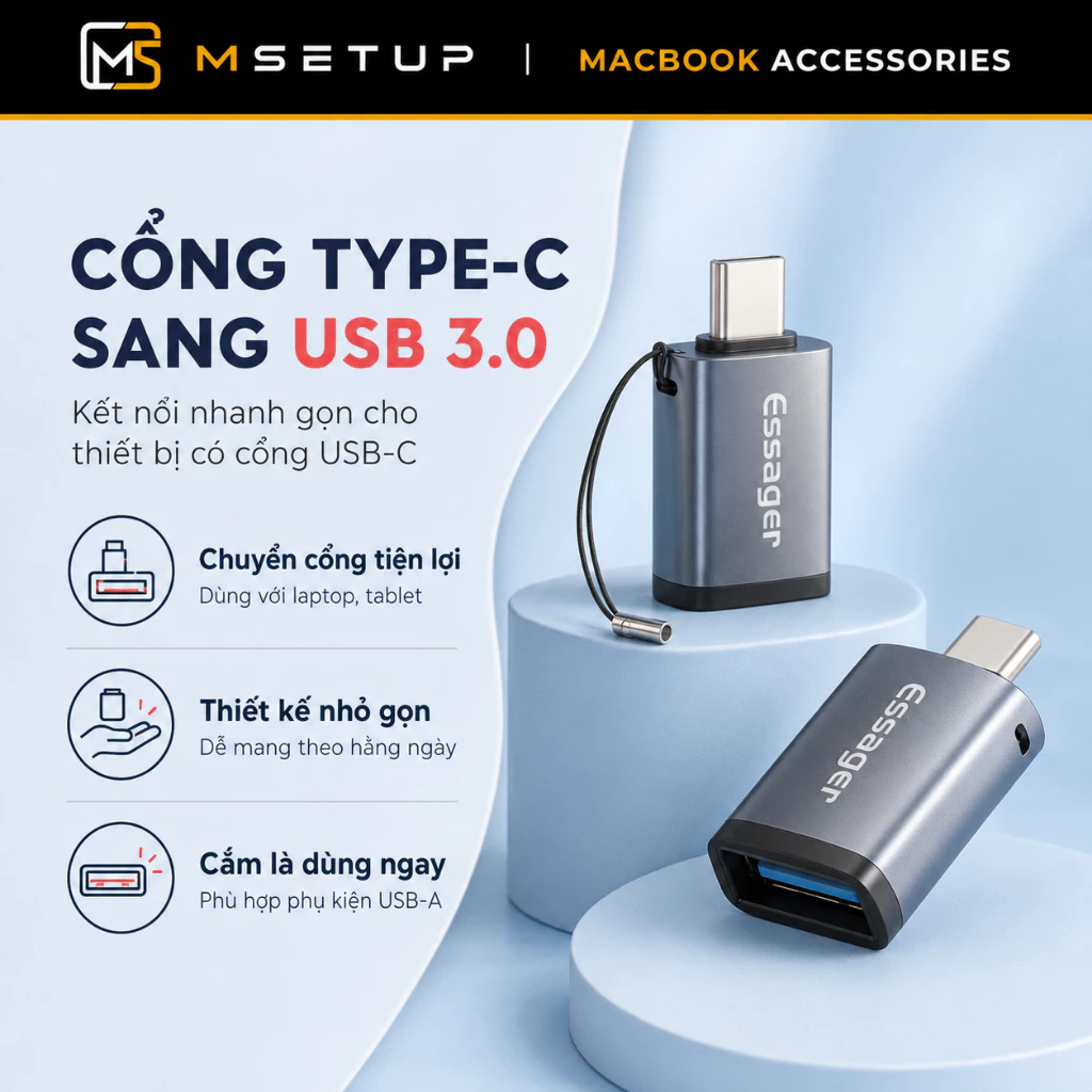 Đầu Chuyển Đổi OTG Type C Sang USB 3.0 ESSAGER Vỏ Nhôm Tốc Độ Cao 5Gbps Dành Cho Điện Thoại MacBook iPad