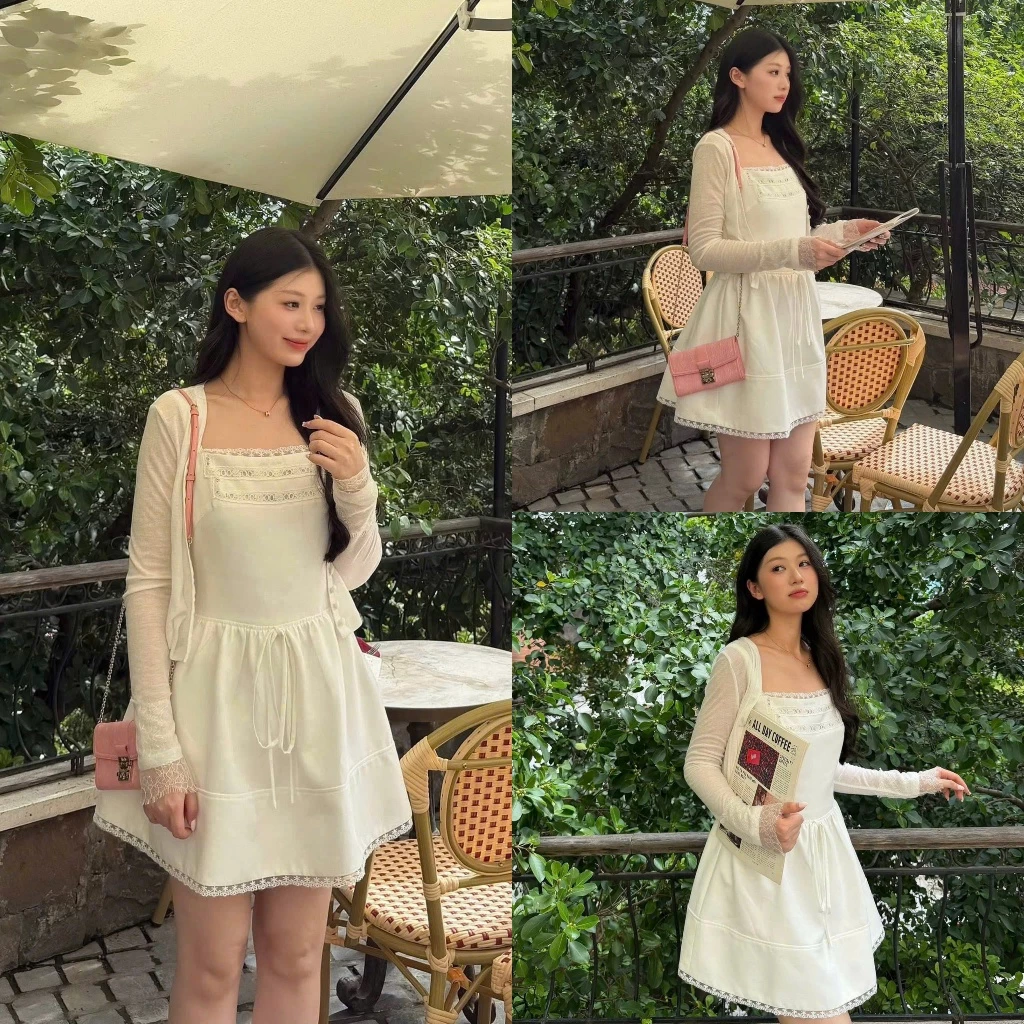 Set Váy 2 Dây Áo Cardigan Tay Phối Ren Mix Váy Trắng Dây Bản To Dây Buộc Eo Siêu Xinh-Ảnh Thật Lollaye