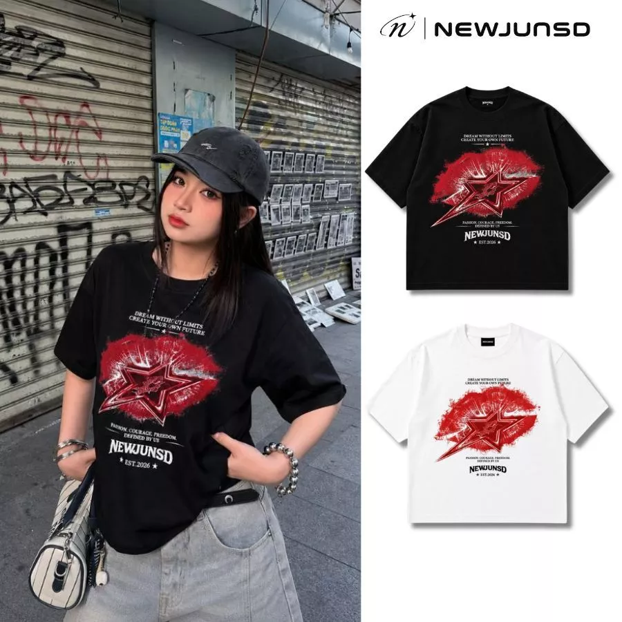 Áo Thun Form Boxy NEWJUNSD KISS chất liệu 100% cotton cao cấp unisex nam nữ 270GSM