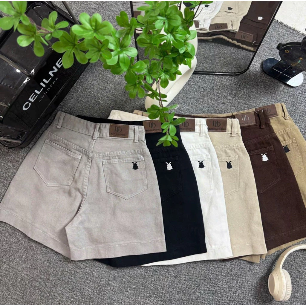 (S-2XL) Quần jean ngố thêu thỏ cạp cao chất jean kaki mềm dày dặn dễ phối đồ, quần short jean