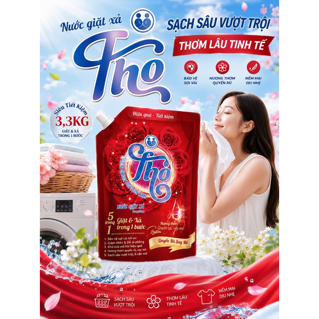NƯỚC Giặt Xả THO 3.3KG HƯƠNG NƯỚC HOA - GIẶT XẢ 2 IN 1 .GIẶT SẠCH VƯỢT…
