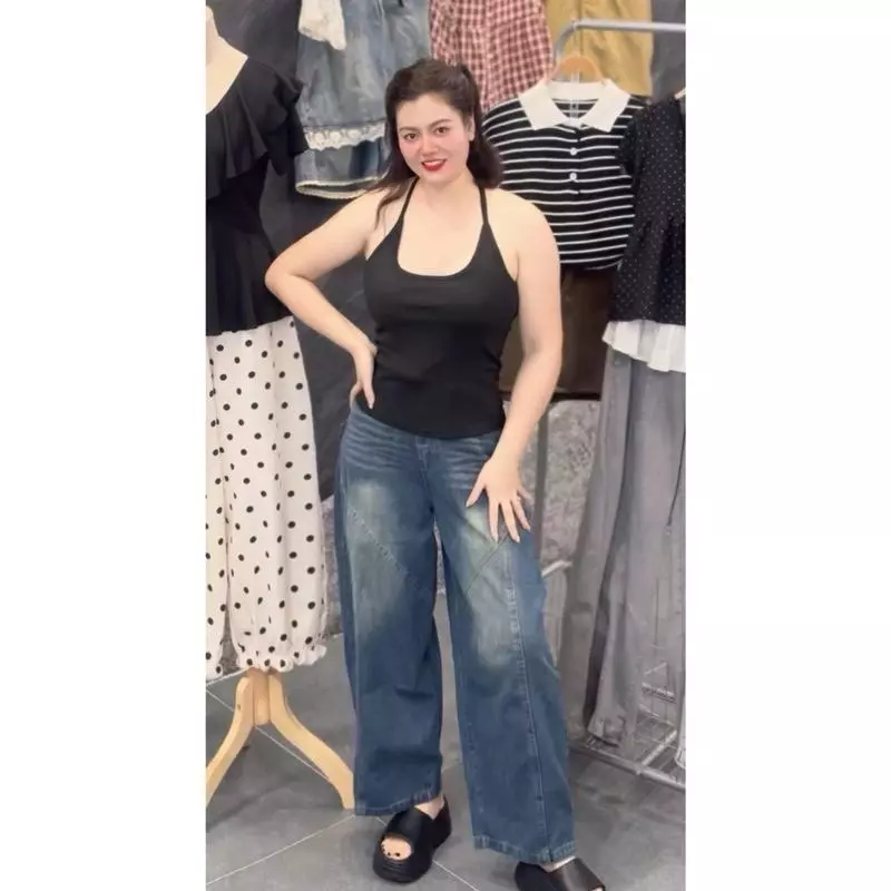 2106 Quần baggy jeans nữ cạp cao không co dãn , quần jeans dáng thụng phối viền
