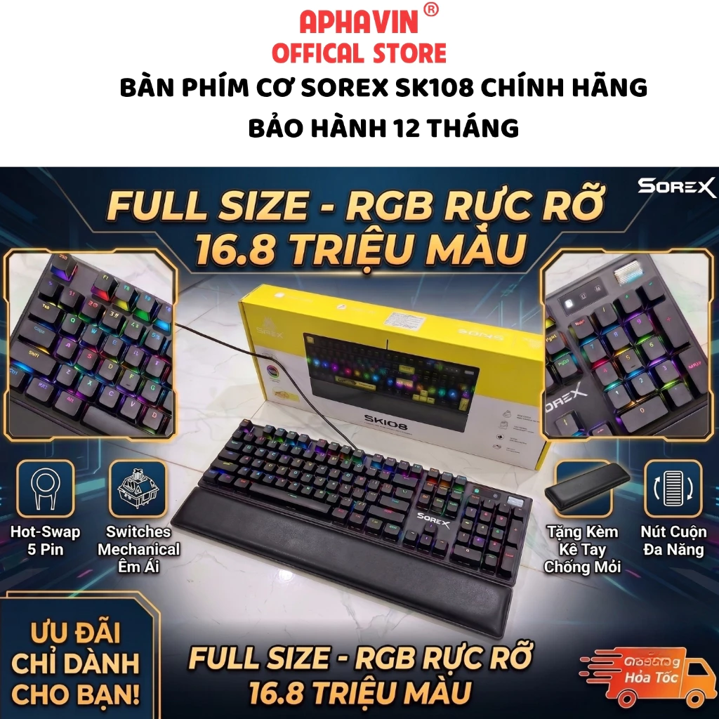 Bàn Phím Cơ Gaming SOREX SK108 Full-Size - LED RGB 16.8 Triệu Màu - Tặng Kèm Kê Tay Chống Mỏi, Keycap Vàng