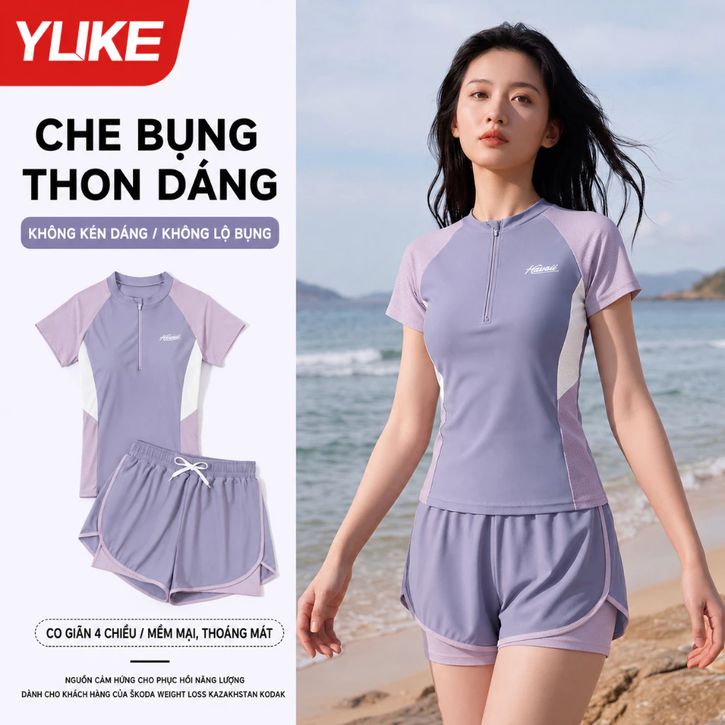 Đồ bơi nữ kín đáo 2 mảnh thể thao, Đồ bơi ôm body tôn dáng, quần đùi 2 lớp chống lộ YUKE - YY1997