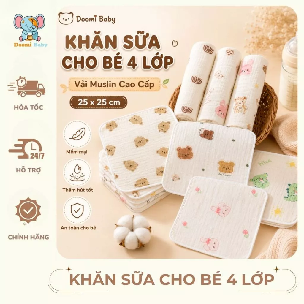 [4 LỚP] Khăn Sữa Cho Bé Vải Muslin Kích Thước 25x25cm 4 Lớp Cao Cấp Chính Hãng - Doomi Baby - HT828 - HT858