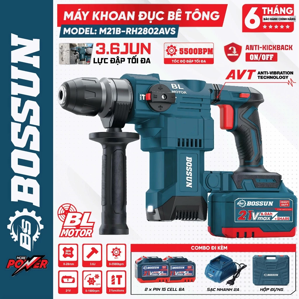 Máy khoan đục pin Bossun M21B-RH2802AVS (3.6J - 5500BPM) - Công nghệ Anti-Kickback chống vả, chống rung AVS Pin 15cell