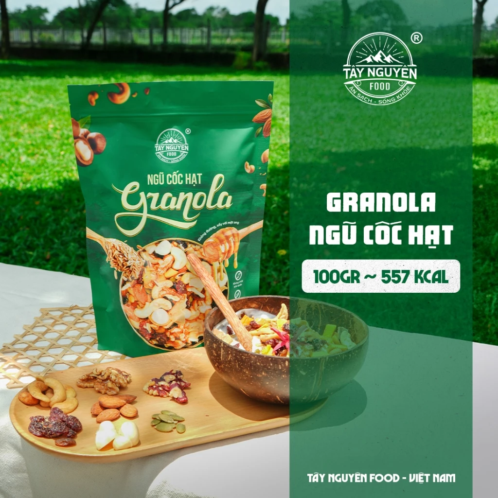 Ngũ cốc Granola Tây Nguyên Food - Việt Nam phiên bản mới sấy giòn với 81% hạt loại 1 (Túi 400g)