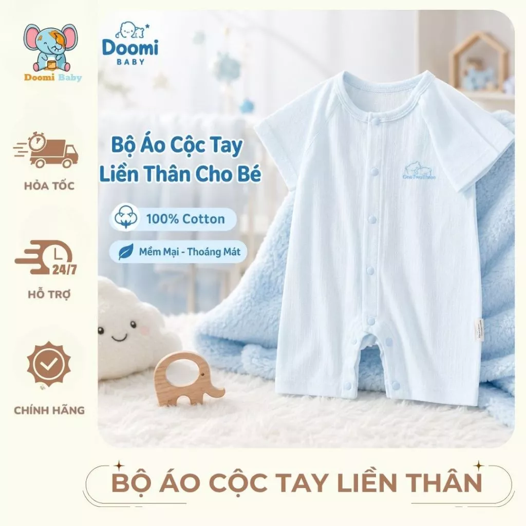 [Mẫu Mới 2026] Bộ Áo Cộc Tay 100% Cotton Họa Tiết Thêu Liền Thân Cho Bé - HT836 - Doomi Baby