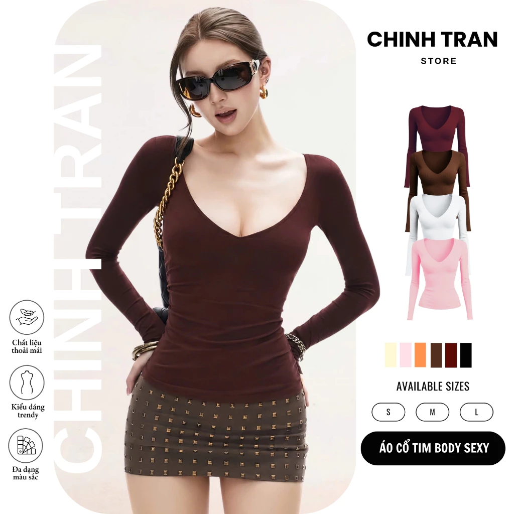 [MỞ BÁN] Áo Thun Cổ Tim Khoét Sâu Dài Tay Sexy Form Ôm Body Trơn Basic