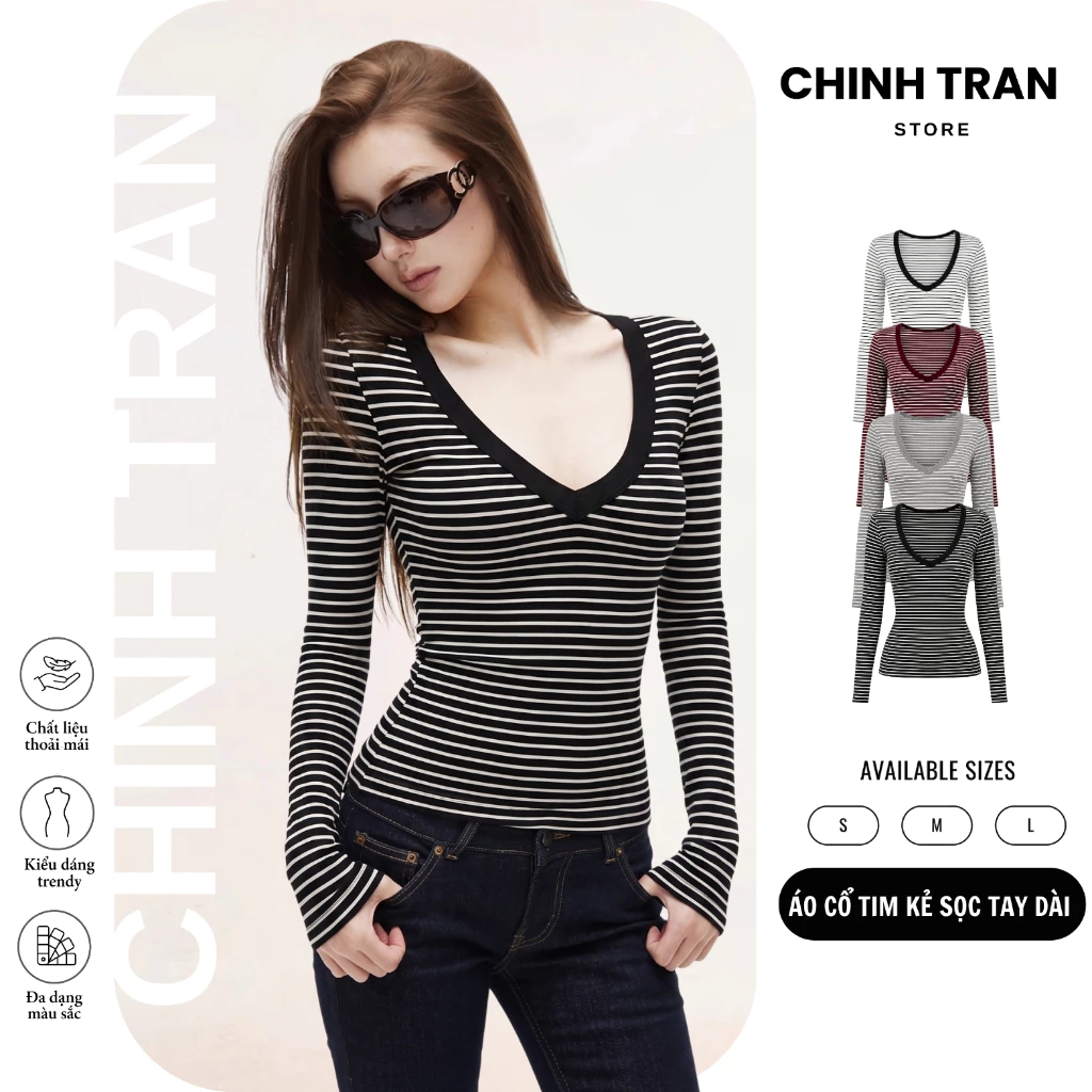 [MỞ BÁN] Áo Thun Nữ Cổ Tim Kẻ Sọc Ngang Phối Viền Basic Sexy Ôm Body - Chinh Trần Store