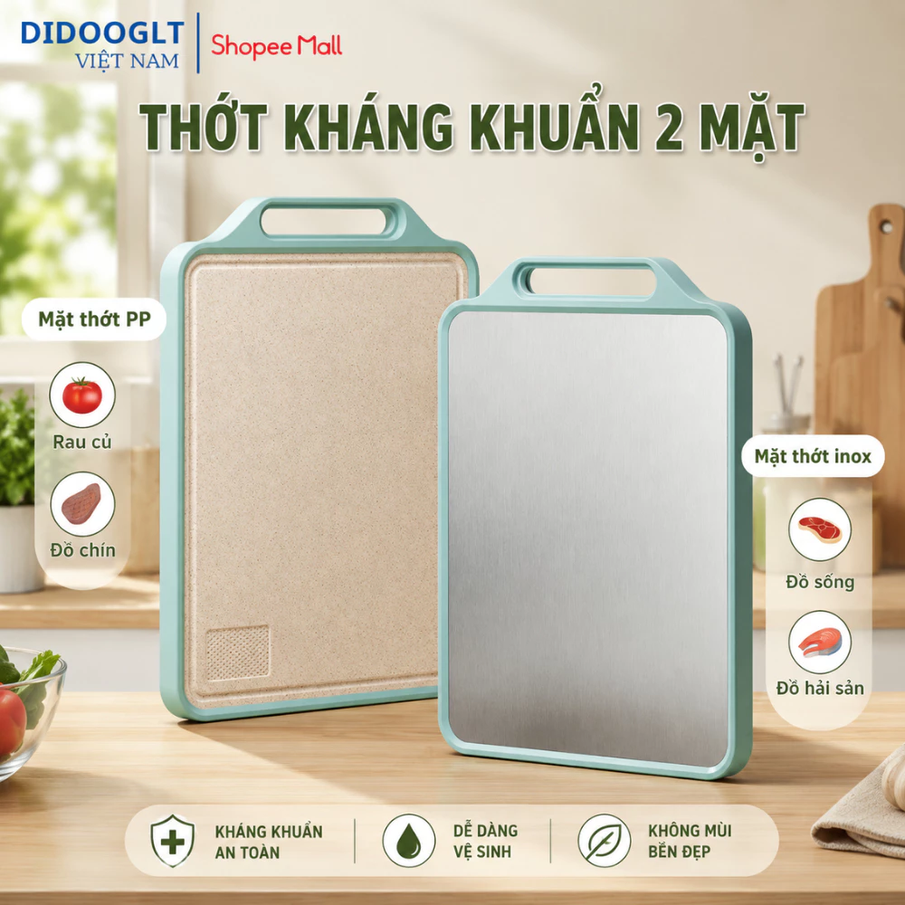 Thớt Kháng Khuẩn 2 Mặt Inox 304 & Nhựa PP Chống Rỉ, Không Ám Mùi, Dùng Thái Thực Phẩm An Toàn