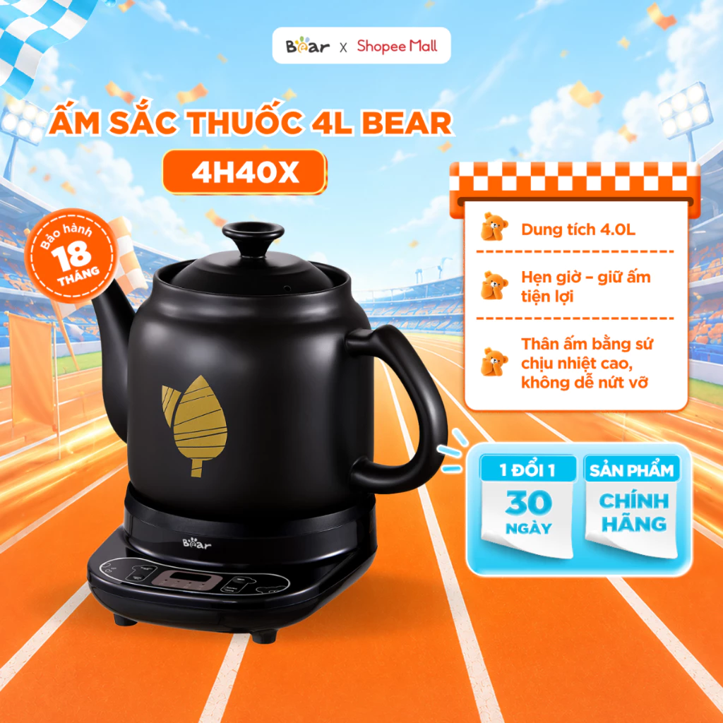 Ấm Sắc Thuốc Bằng Điện Tự Ngắt BEAR 4L, Ấm Sắc Thuốc Bắc Đế Rời Gốm Sứ Cao Cấp Siêu Sắc Thuốc Điện Tự Động HTM-4H40X