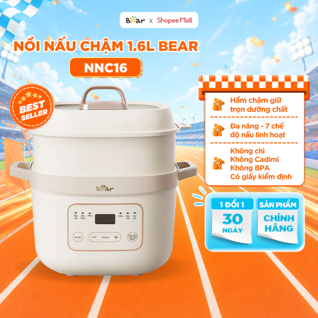 Nồi Nấu Chậm BEAR 1.6L, Nồi Nấu Cháo Cho Bé Ăn Dặm Hầm Cách Thủy Đa Năng Ninh Kho Hầm Canh Chưng Yến Nấu Chè SB-NNC16
