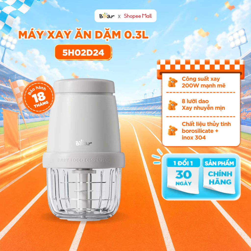 Máy Xay Ăn Dặm BEAR 0.3L 8 Lưỡi Máy Xay Thịt Cầm Tay Mịn Máy Xay Mini Cho Bé Ăn Dặm Công Suất 200W CH-5H02D24