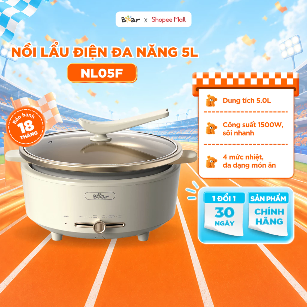 Nồi Lẩu Điện Đa Năng BEAR 5L, Nồi Lẩu Điện Đế Rời Đa Năng Công Suất Lớn Sôi Nhanh Chống Dính Dễ Vệ Sinh SB-NL05F