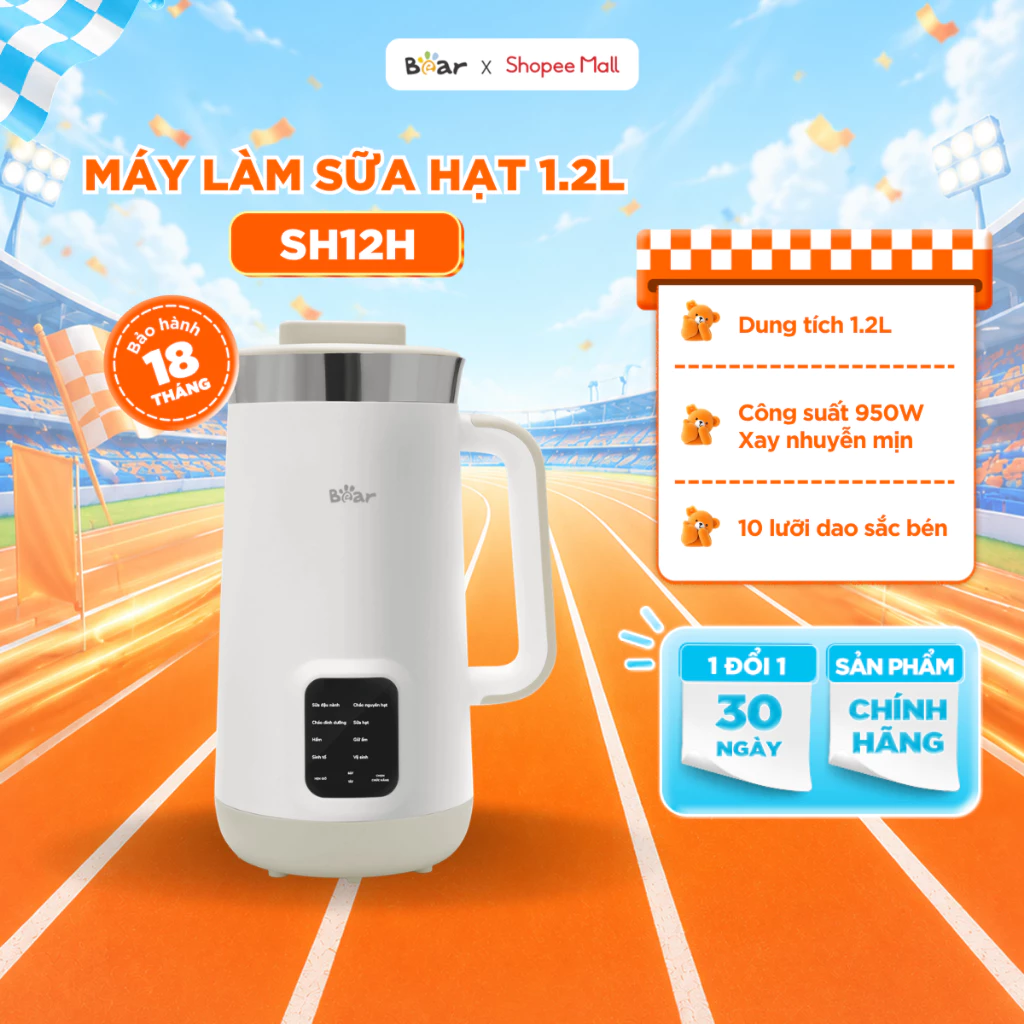 Máy Làm Sữa Hạt BEAR Lưỡi Dao 10 Cánh Màn Hình Cảm Ứng Tự Khử Trùng 1.2L 900W SB-SH12H