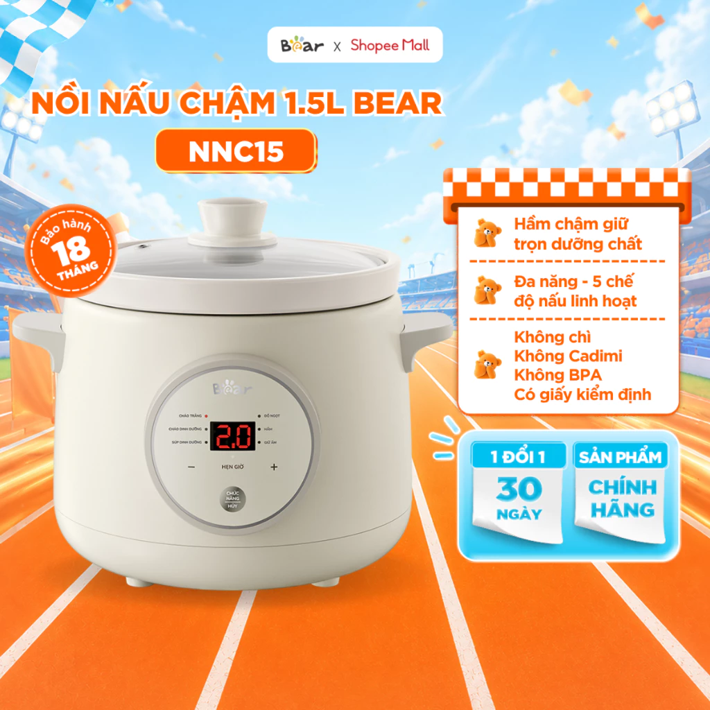 Nồi Nấu Cháo Chậm BEAR 1.5L Nồi Nấu Chậm Cho Bé Hầm Giữ Ấm Giữ Trọn Chất Dinh Dưỡng Nồi Nấu Cháo Bản Tiếng Việt NNC15