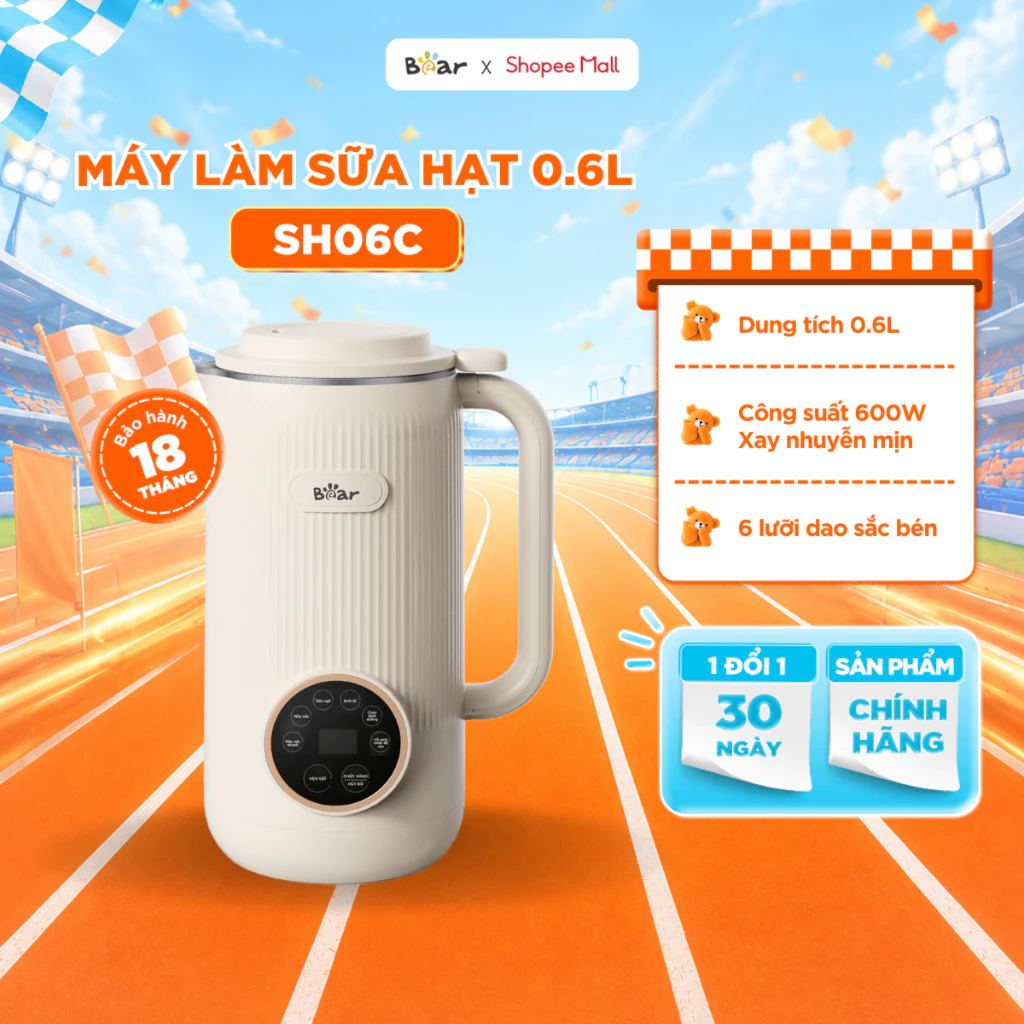 Máy Làm Sữa Hạt BEAR 0.6L Xay Nấu Tự Động Tự Vệ Sinh Nấu Cháo Sinh Tố SB-SH06C